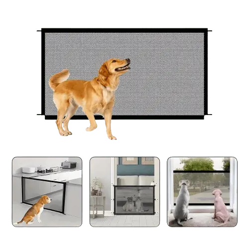 Mesh pet gate installed in doorway to keep dog safe indoors.