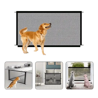 Mesh pet gate installed in doorway to keep dog safe indoors.