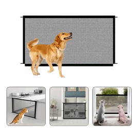 Mesh pet gate installed in doorway to keep dog safe indoors.