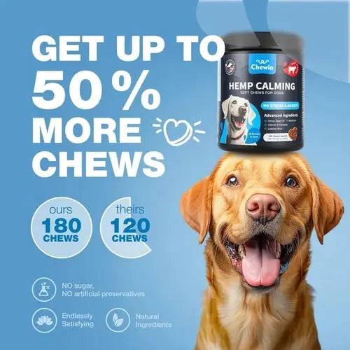 Calming chews comparison – get 50% more treats with 180 chews, made from natural ingredients with no artificial preservatives.