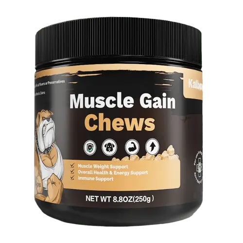 Muscle Gain Chews for Dogs front label with cartoon bulldog and product benefits.