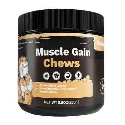 Muscle Gain Chews for Dogs front label with cartoon bulldog and product benefits.