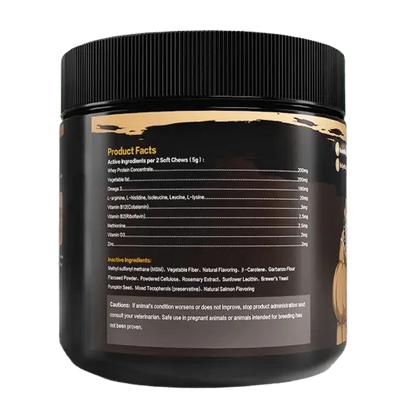 Supplement facts of Muscle Gain Chews for Dogs with active and inactive ingredients.