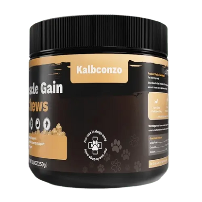 Muscle Gain Chews usage directions and feeding guidelines for dogs by weight.
