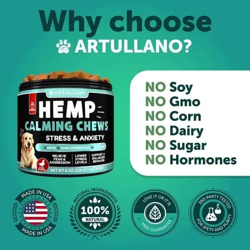 Natural calming chews for dogs – No soy, sugar, corn or hormones.