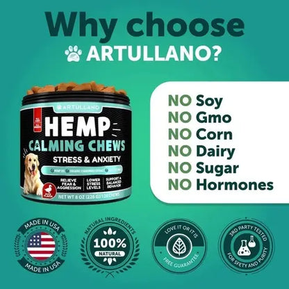 Natural calming chews for dogs – No soy, sugar, corn or hormones.