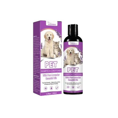 Natural pet shampoo and conditioner infused with lavender essential oils, recommended by veterinarians for dogs and cats. Buy for Dog