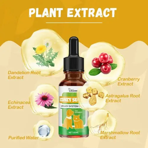 Natural Pet Supplement for Kidney Support - Herbal Elixir with Dandelion Root, Cranberry, Echinacea, Astragalus, and Marshmallow Root Extracts.