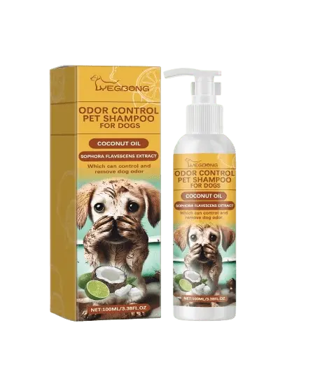 Odor control dog shampoo with coconut oil and herbal extracts to remove dog smell