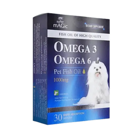 Omega 3 & 6 Fish Oil Capsules improving dog coat shine and joint health. Buy for Dog