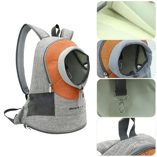 Pet backpack carrier for small dogs and cats, breathable design with safety clip and mesh.
