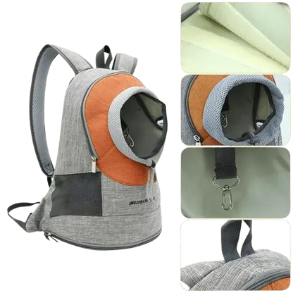Pet backpack carrier for small dogs and cats, breathable design with safety clip and mesh.