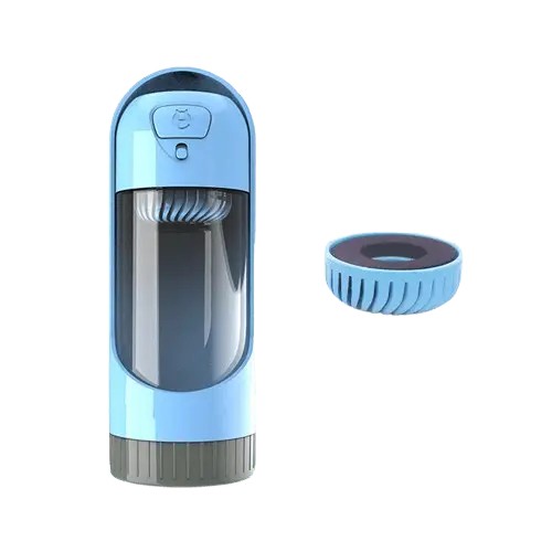 Blue portable dog water bottle with charcoal filter for dogs.