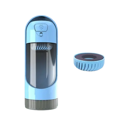 Blue portable dog water bottle with charcoal filter for dogs.