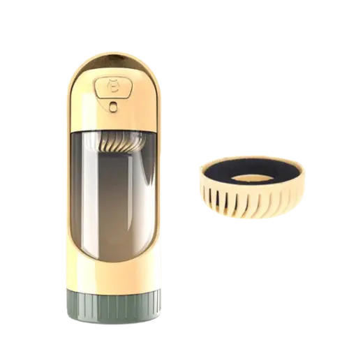 Yellow portable dog water bottle with charcoal filter for outdoor use.