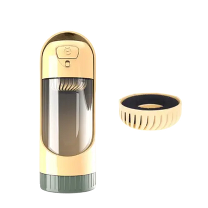 Yellow portable dog water bottle with charcoal filter for outdoor use.