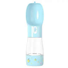 Portable blue dog water and food bottle – leak-proof travel feeder for pet.
