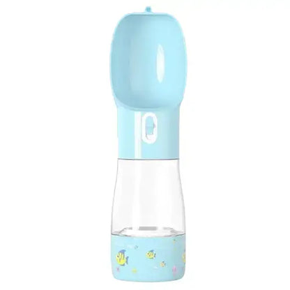 Portable blue dog water and food bottle – leak-proof travel feeder for pet.