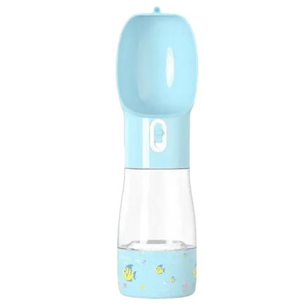Portable blue dog water and food bottle – leak-proof travel feeder for pets.
