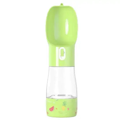 Portable green dog water and food bottle – travel pet feeder.