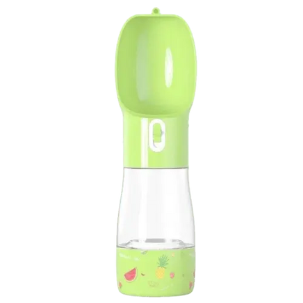 Portable green dog water and food bottle – travel pet feeder.