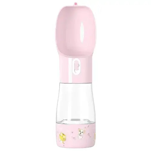 Portable pink dog water and food bottle – 2-in-1 pet travel feeder.