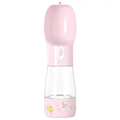 Portable pink dog water and food bottle – 2-in-1 pet travel feeder.
