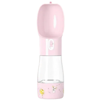 Portable pink dog water and food bottle – 2-in-1 pet travel feeder.