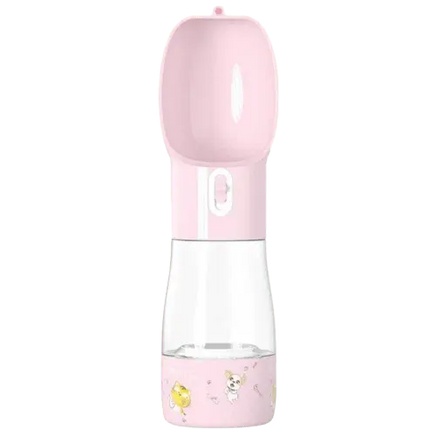 Portable pink dog water and food bottle – 2-in-1 pet travel feeder.