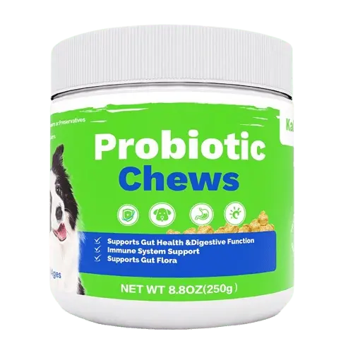 Packaging of probiotic chews for dogs showing product label and 8.8 oz net weight