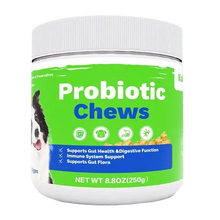 Packaging of probiotic chews for dogs showing product label and 8.8 oz net weight
