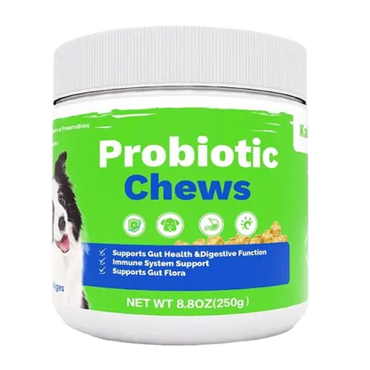 Packaging of probiotic chews for dogs showing product label and 8.8 oz net weight