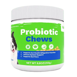 Packaging of probiotic chews for dogs showing product label and 8.8 oz net weight