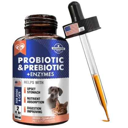 Probiotic and prebiotic with enzymes for dogs and cats – 2 fl oz high-quality digestive supplement.