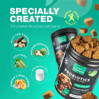 Probiotic soft chews for dogs with natural ingredients like wild yam, pumpkin powder, and probiotics for gut health.