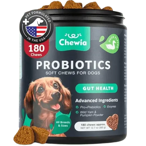 Probiotics for dogs, 180 soft chews with enzymes and natural ingredients for gut and digestive health.