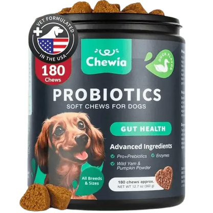 Probiotics for dogs, 180 soft chews with enzymes and natural ingredients for gut and digestive health.
