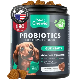 Probiotics for dogs, 180 soft chews with enzymes and natural ingredients for gut and digestive health.
