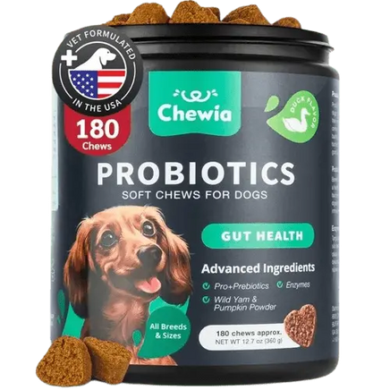 Probiotics for dogs, 180 soft chews with enzymes and natural ingredients for gut and digestive health.