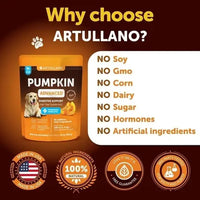 Natural pumpkin supplement for dogs with no soy, GMO, corn, dairy, sugar, hormones or artificial ingredients.