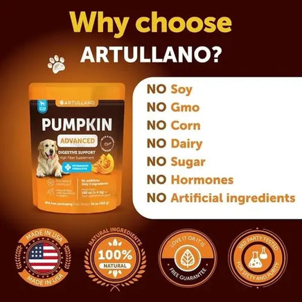 Natural pumpkin supplement for dogs with no soy, GMO, corn, dairy, sugar, hormones or artificial ingredients.