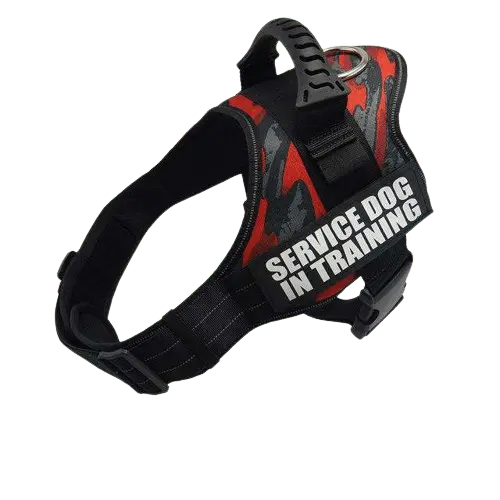 Red Camouflage Harness ID Name For Dogs designed for visibility and durability in outdoor settings. BUY FOR DOG