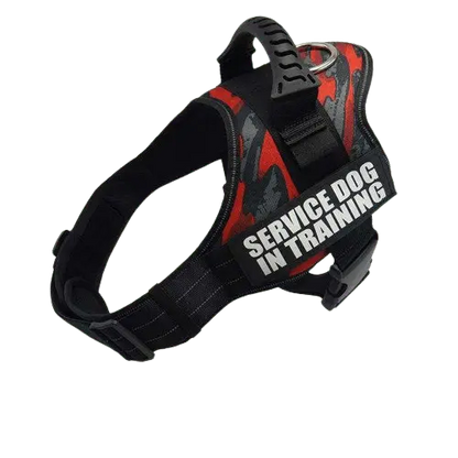 Red Camouflage Harness ID Name For Dogs designed for visibility and durability in outdoor settings. BUY FOR DOG
