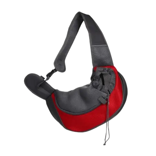 Red sling-style pet carrier for walking with your small dog or cat