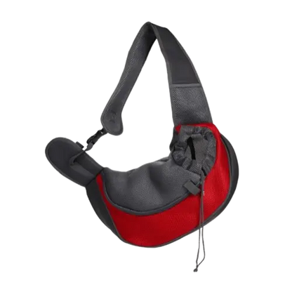 Red sling-style pet carrier for walking with your small dog or cat