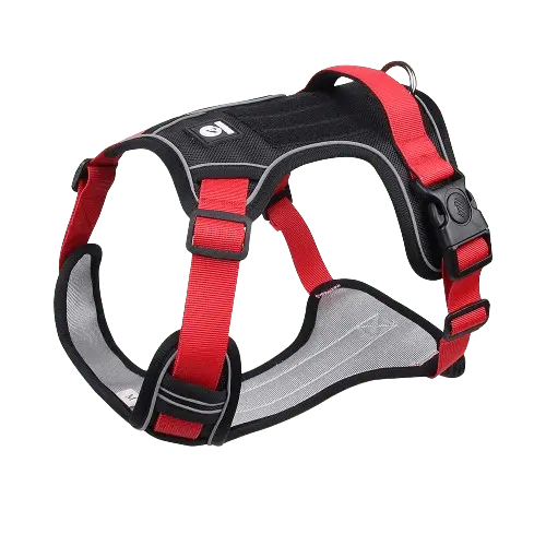 Red dog harness with a reflective logo and a padded handle for easy control.