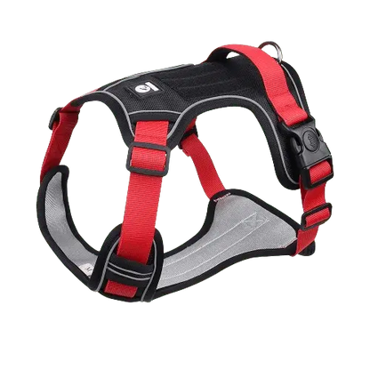 Red dog harness with a reflective logo and a padded handle for easy control.