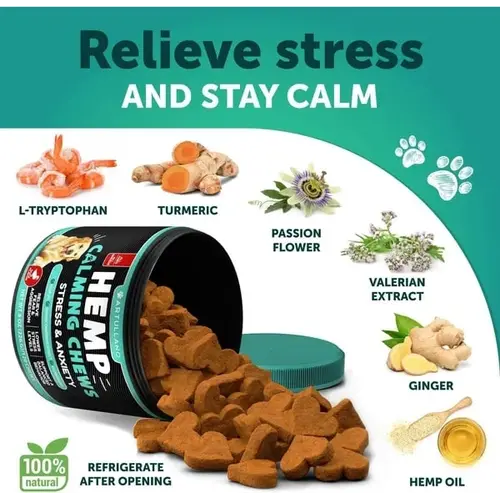 Relieve stress with hemp, valerian, turmeric and passion flower for dogs.