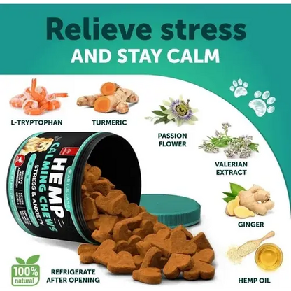 Relieve stress with hemp, valerian, turmeric and passion flower for dogs.