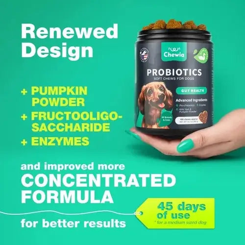 New concentrated formula of dog probiotics with pumpkin powder, enzymes, and fructooligosaccharide for better gut health.